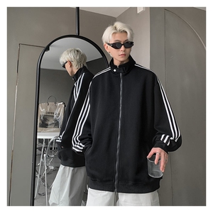 秋季380克全棉宽松条纹拉链套头卫衣立领POLO衫外套AH914-P42图片