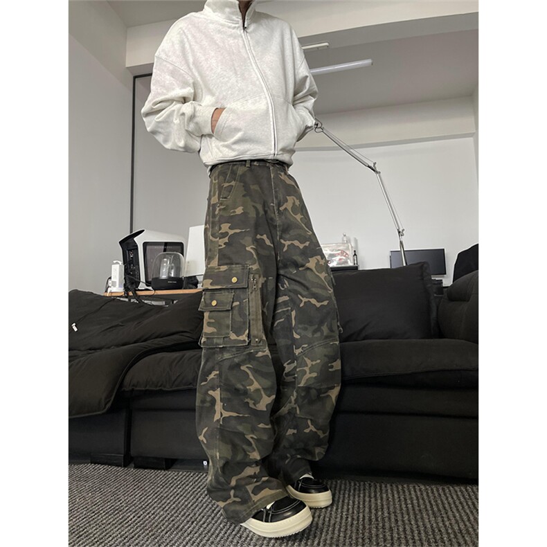 K843-特P58 秋冬男女同款迷彩工装裤复古水洗宽松直筒拖地裤图片
