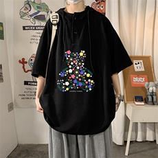 LD54206-P45连帽短袖t恤男大码胖子带帽五分袖中袖，男装T恤，电商A040