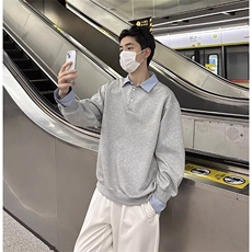 2025新款假两件卫衣男秋冬款高级感翻领上衣内搭长袖T恤WYB206，男装T恤，星座516A