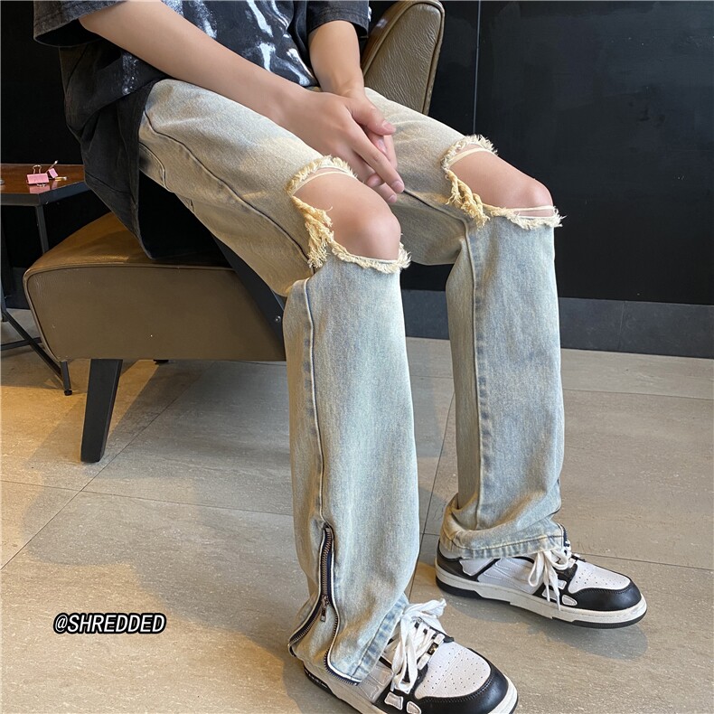 高街夏季新款破洞牛仔裤裤脚拉链微喇拖地裤B315-K23275-p65控78,男装牛仔裤,电商B315