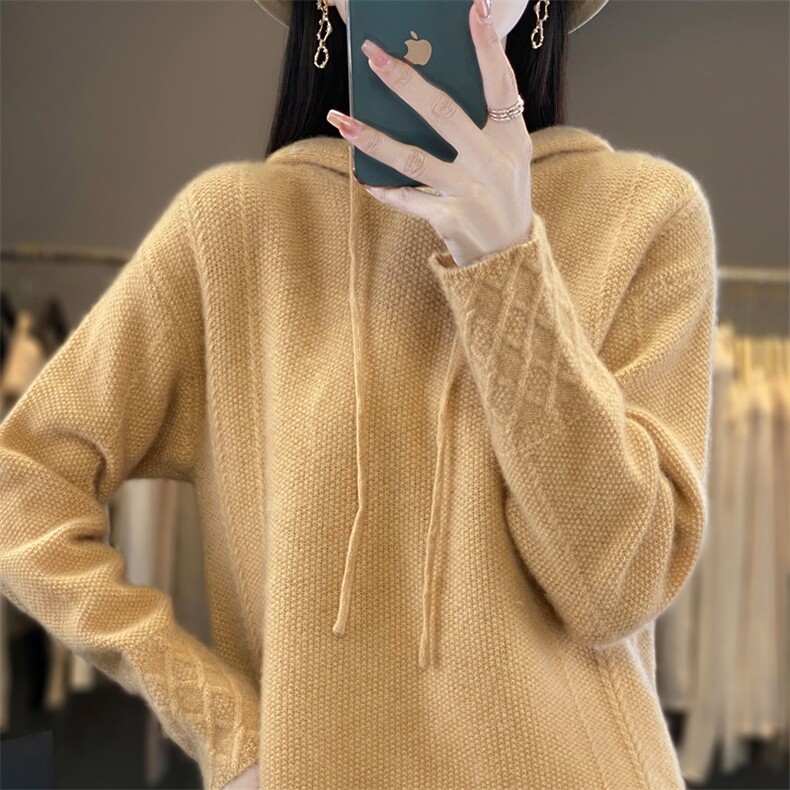 高端山羊绒帽衫女2024秋冬新款宽松连帽毛衣针织打底卫衣外套女,女装羊毛衫,忠诺羊绒