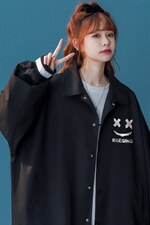 中性风秋季宽松休闲棒球服纯色笑脸情侣外套女G6720P65控78，女装短外套，电商A268