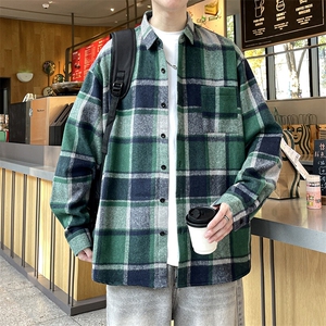 春季小香风衬衫翻领男大皂大码宽松痞帅外套格子衬衣A012/856Tp35图片