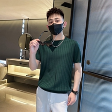 2026夏季短袖T恤圆领针织半袖坑条上衣纯色冰丝休闲上衣T0268-P50，男装T恤，电商D342