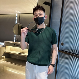 2026夏季短袖T恤圆领针织半袖坑条上衣纯色冰丝休闲上衣T0268-P50图片