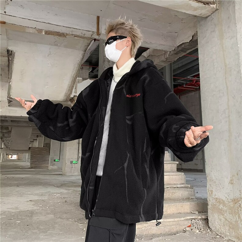美式扎染羊羔绒棉服男加厚保暖棉衣冬季潮宽松连帽棉袄外套M8007,男装夹克,星座1116A-1（原606A）