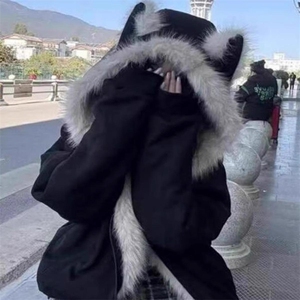 现货重磅硬挺boxy羽绒棉衣座山雕猫耳大毛毛领麂皮棉服冬外套图片