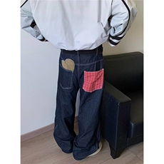美式复古爱心格子贴布牛仔裤男直筒宽松休闲长裤1001-1-7786-P55，男装牛仔裤，星座1001-1