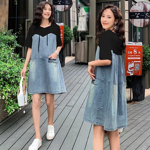 牛仔裙女2021夏装新款韩版夏装带帽卫衣连衣裙宽松显瘦小个子,女装连衣裙,瑶迪依秀