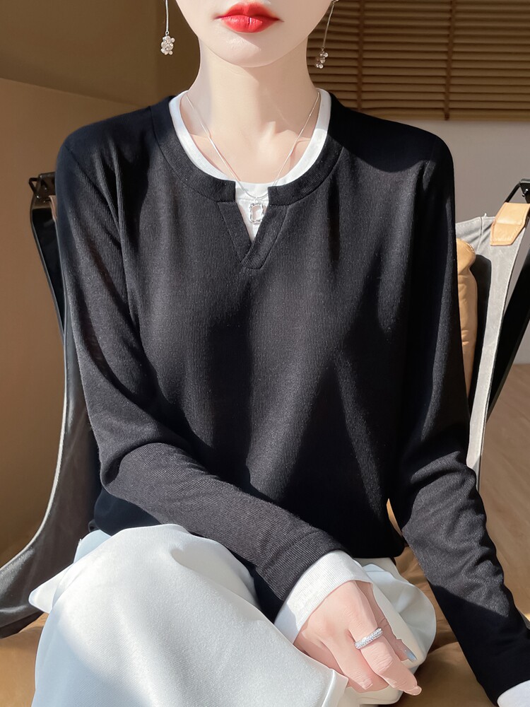 长袖针织打底衫女新薄款宽松上衣POLO领,针织衫/毛衣,绒宛羊绒