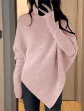 法式蝙蝠袖不规则针织衫女慵懒风早秋季韩系穿搭宽松套头毛衣上衣，女装针织衫/毛衣，半城羊绒