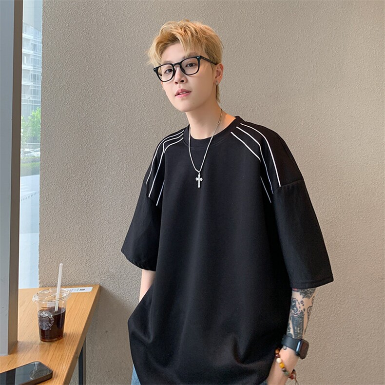 美式潮牌垫肩短袖T恤男士夏季小众设计感半袖宽松休闲上衣服,男装T恤,星座410-7