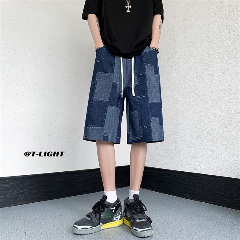 美式ins高街牛仔短裤小众百搭拼接渐变牛仔裤K2309-P35控58,男装牛仔裤,电商A062