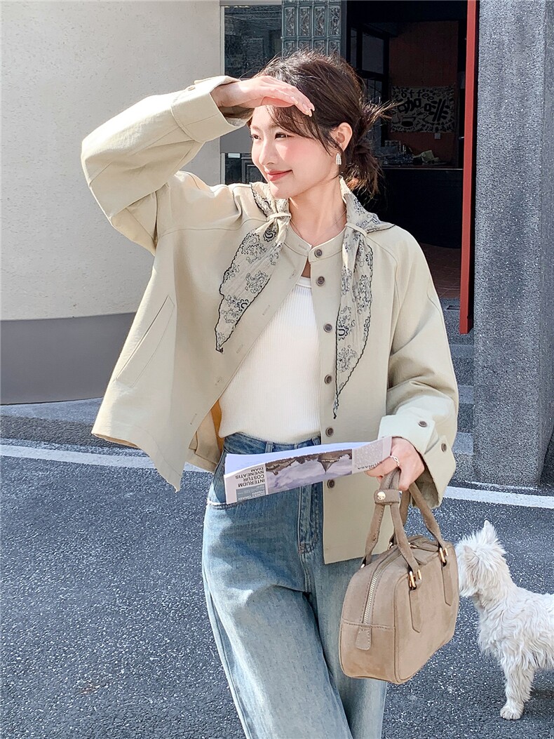 现货2026春款韩版休闲文艺范短款气质风衣外套女送丝巾,女装风衣,苗苗
