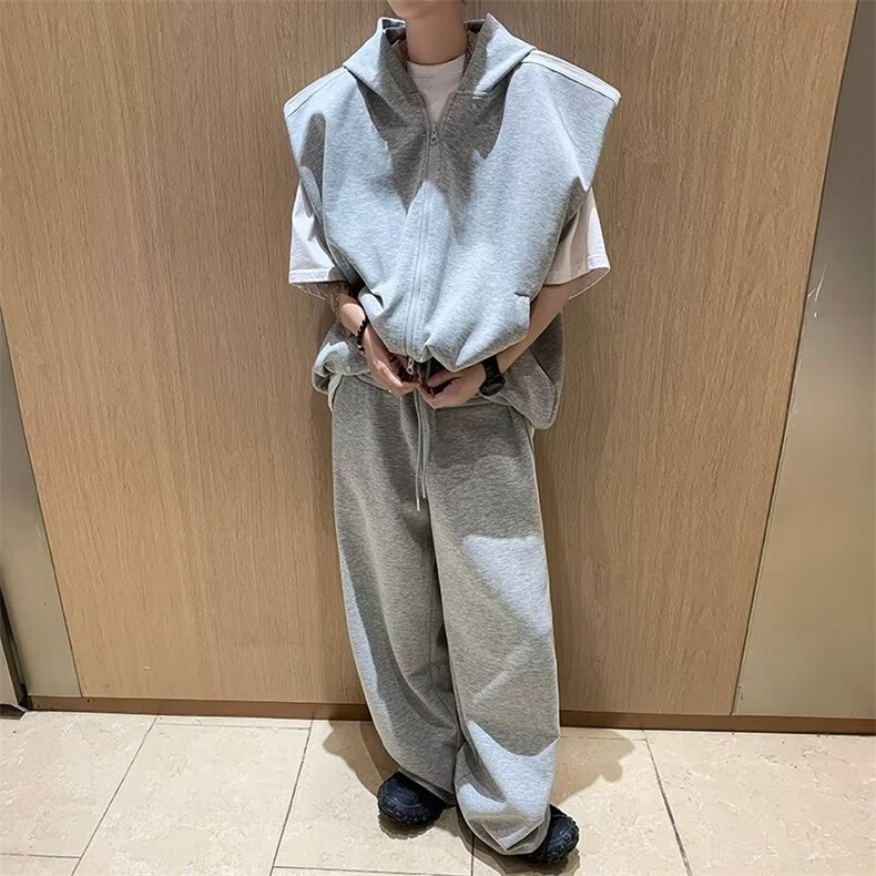 夏装三条杆运动套装男女连帽马甲阔腿长裤休闲两件套9分裤~TZB66，男装休闲套装，星座601-2