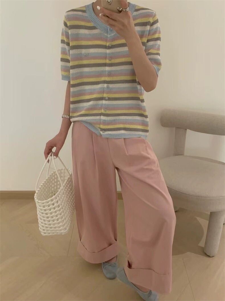 夏季圆领撞色条纹莱赛尔天丝短袖T恤女休闲套头针织薄款半袖上衣,女装T恤,唐诺