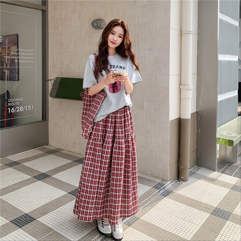 韩版印花短袖撞色格纹半身裙套装女2025夏季新款显瘦学院风两件套图片