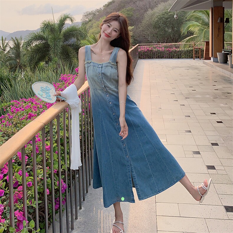 【现货】新品蓝色牛仔渐变背带裙套装A811P155K208,女装连衣裙,2C269