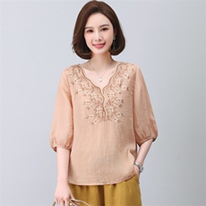 2023夏季纯苎麻刺绣简约气质宽松时尚休闲显瘦舒适上衣，女装衬衫，独衣靓