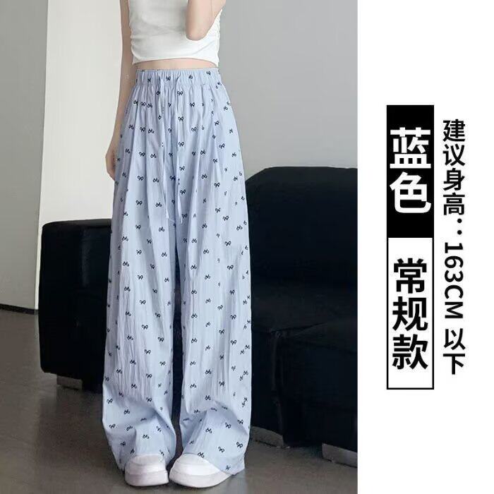 蝴蝶结高腰棉麻长裤女夏宽松显瘦百搭直筒阔脚拖地薄款休闲九分裤图片