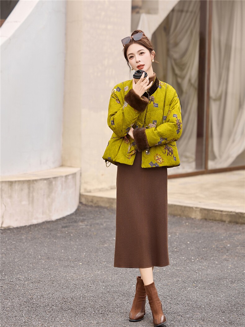 现货！水貂毛冬季新款女装2025年时尚气质优雅印花新中式90%外套,女装羽绒服,涵墨
