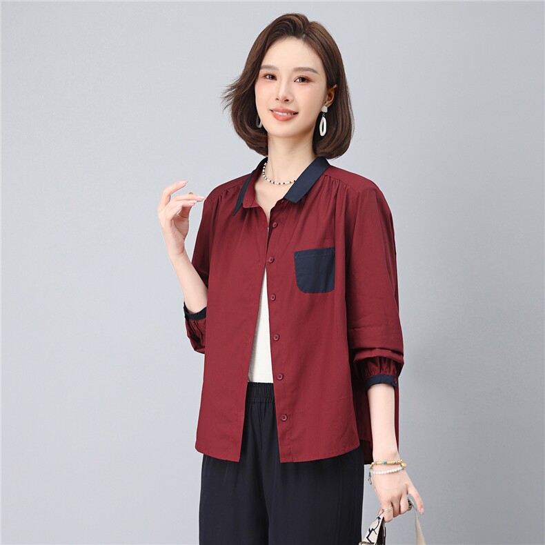 2025年秋季时尚撞色翻领纯棉100%休闲文艺衬衣,女装衬衫,依恋蒂丝