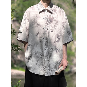 现货新中式复古衬衫短袖风竹叶水墨画印花大码CS33-P65-控88图片
