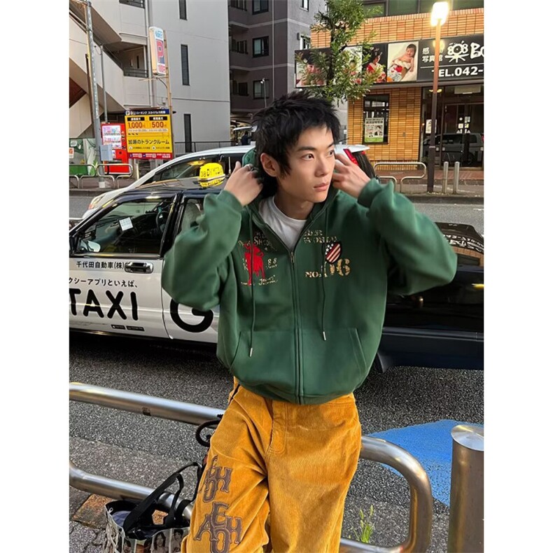 2025秋季美式连帽卫衣外套男女旗帜印花拉链开衫宽松百搭上衣图片