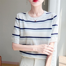 显瘦条纹短袖T恤女夏季2025新款打底衫洋气大码女装冰丝针织上衣，女装针织衫/毛衣，萱芳婷羊绒