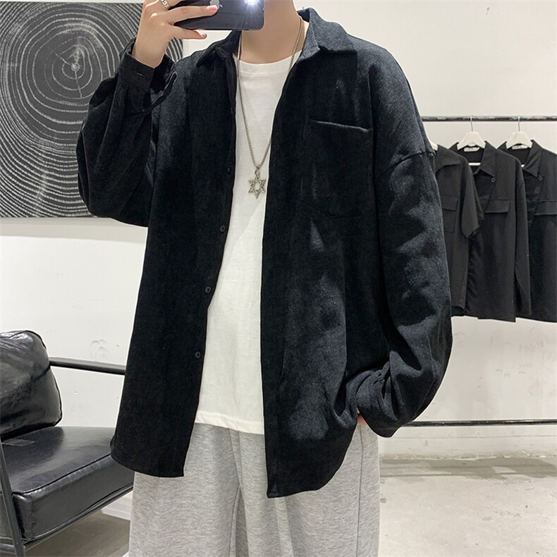 港风纯色灯芯绒方领百搭潮流男电商基地长袖衬衫D201-DM80-P45图片