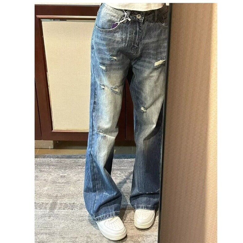 美式复古闪电纹乞丐破洞牛仔裤25新款设计感微喇高街裤子G77-P48,男装牛仔裤,星座1001-1