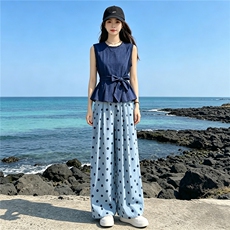 松弛感时尚洋气套装女夏季新款圆领无袖收腰上衣波点阔腿裤两件套，女装套装/套裙，江南