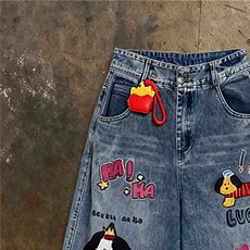 重工kt猫印花破洞牛仔裤女2026春新款宽松阔腿垂感长裤AMH04P60，男装牛仔裤，星座1013-5