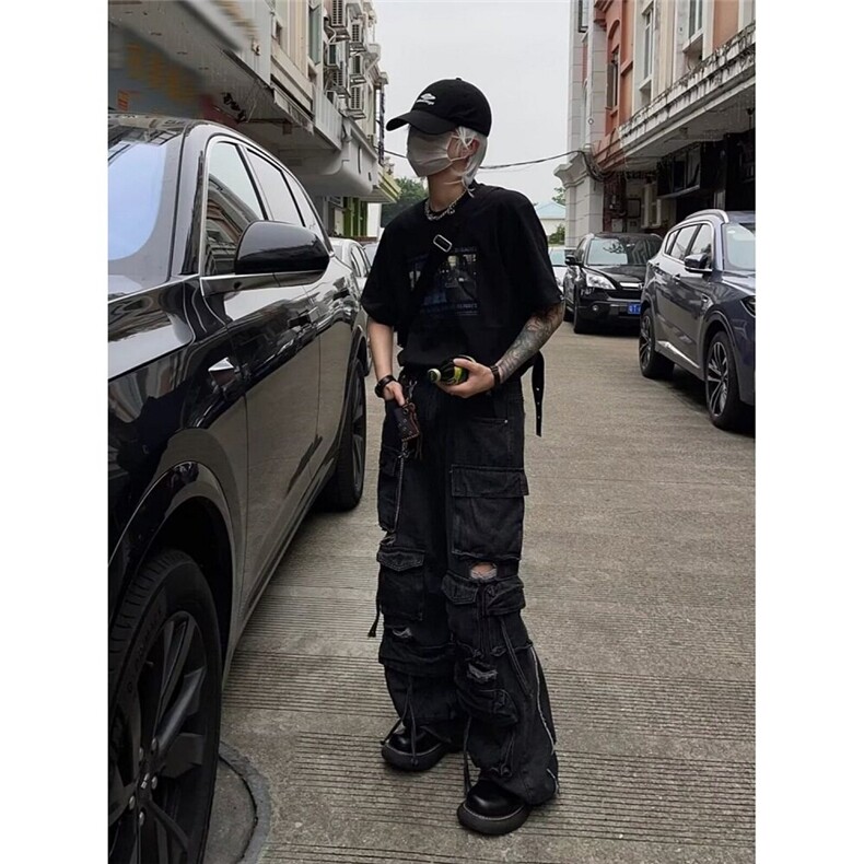 CP1166-P80美式高街破洞多口袋牛仔裤男女宽松直筒阔腿工装裤,男装牛仔裤,电商B323A
