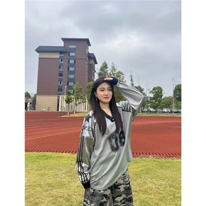 美式复古长袖T恤男女宽松拼接字母印花网眼透气衣服TPA06-P52图片