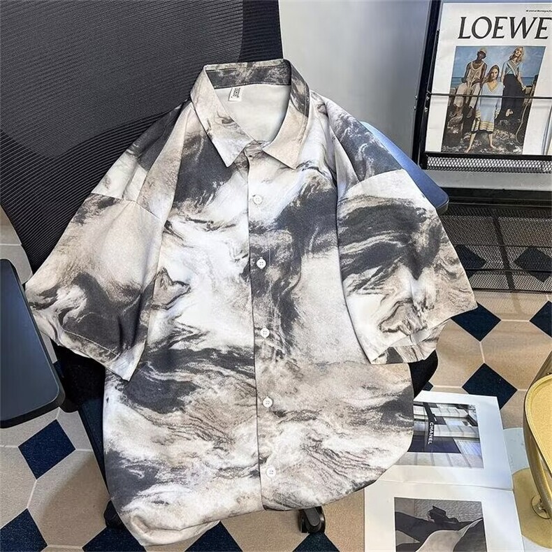 夏季短袖衬衫扎染潮酷复古衬衣男生流行宽松时尚上衣外套,男装衬衫,星座1013