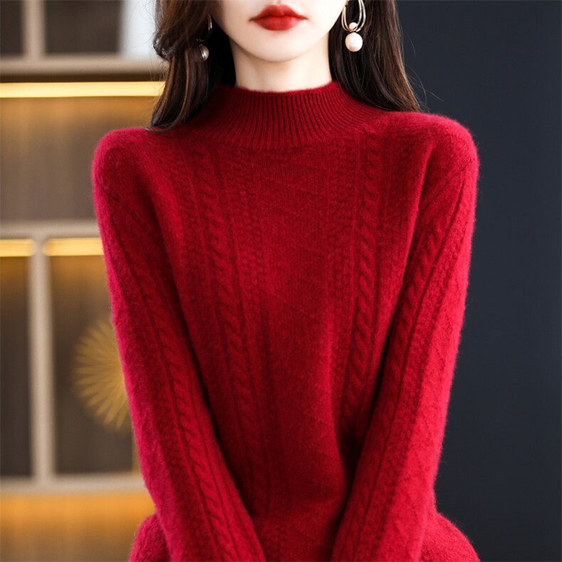 100%羊毛衫2025秋冬新款女半高领菱形提花毛衣宽松长袖羊绒打底衫,女装羊毛衫,忠诺羊绒