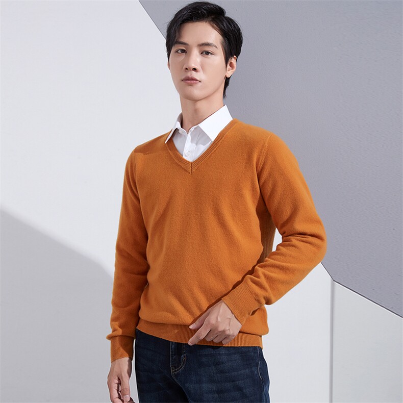 纯色时尚都市长袖V领套头2024年秋季羊毛衫，男装羊毛衫，牧绒家园高端店