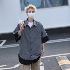 港风夏款男假两件短袖衬衫竖条纹拼色宽松五分袖衬衣CS5103P35，男装衬衫，星座1013-1