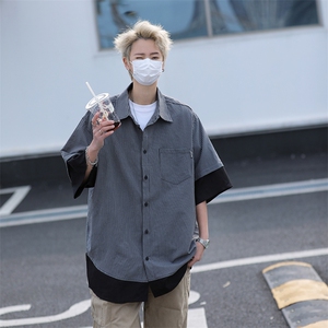 港风夏款男假两件短袖衬衫竖条纹拼色宽松五分袖衬衣CS5103 P35图片