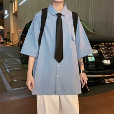 新款薄款纯色衬衫男韩版潮流短袖衬衣港风休闲宽松中袖W931-P30，男装衬衫，星座512-2