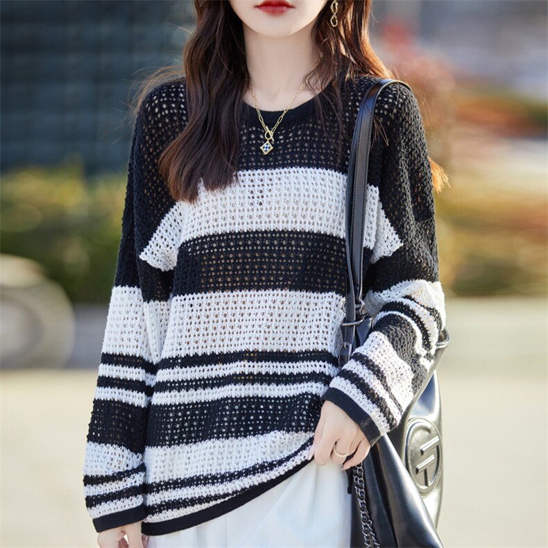 100%纯棉针织衫女圆领镂空钩花长袖拼色毛衣宽松慵懒风打底衫上衣,针织衫/毛衣,忠诺羊绒