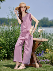 现货。薄料亚麻料阔腿裤两件套女夏时尚气质无袖上衣九分裤套装，女装套装/套裙，E百度