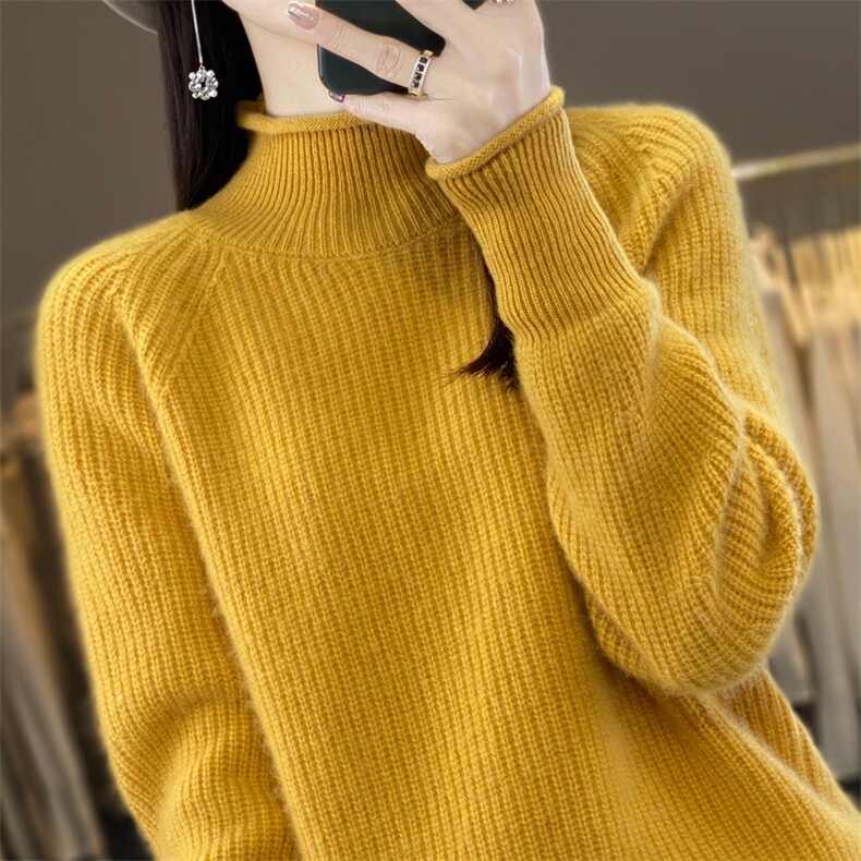 秋冬半高领100%纯羊毛衫女卷边加厚长袖毛衣宽松羊绒针织打底上衣，女装羊毛衫，九嘉羊绒