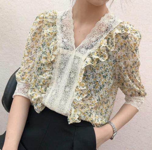 夏季新款珍珠压轴面料花色小衫，女装，格瑞琪