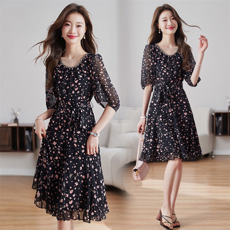 高冷御姐风波点小飞袖连衣裙夏季女装通勤穿搭衬衫裙中年减龄裙子，女装连衣裙，布芭啦