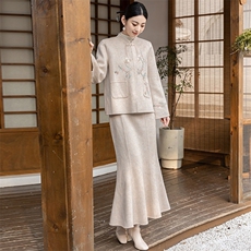 新中式国风改良旗袍套装裙女秋冬新款复古刺绣毛呢外套两件套，女装套装/套裙，芷墨服饰