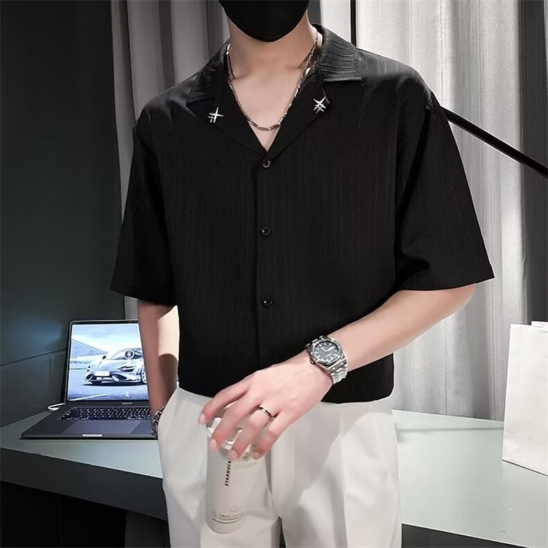 夏季短袖衬衫男潮牌痞帅冰丝半袖衬衣2024新款男士休闲五分袖上衣,男装衬衫,星座1013