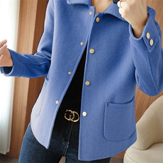 2024春秋新款双面大衣女短款小个子娃娃领羊毛呢外套宽松休闲HS19，女装毛呢外套，豪顺羊绒